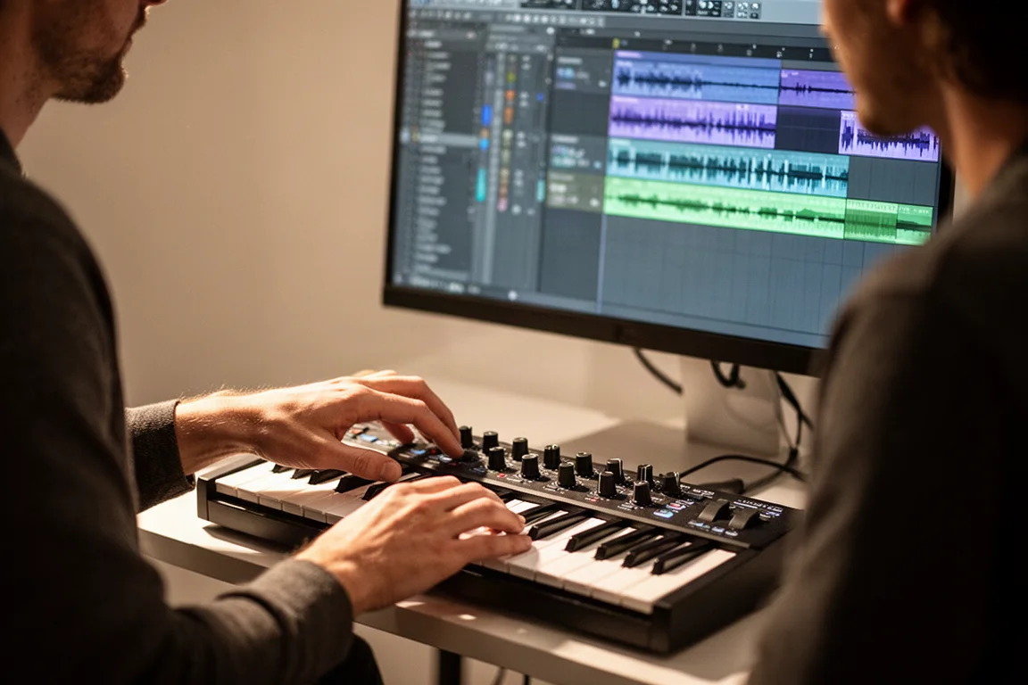 コンピューター画面を見ながらMIDIキーボードのノブを調整するミュージシャン