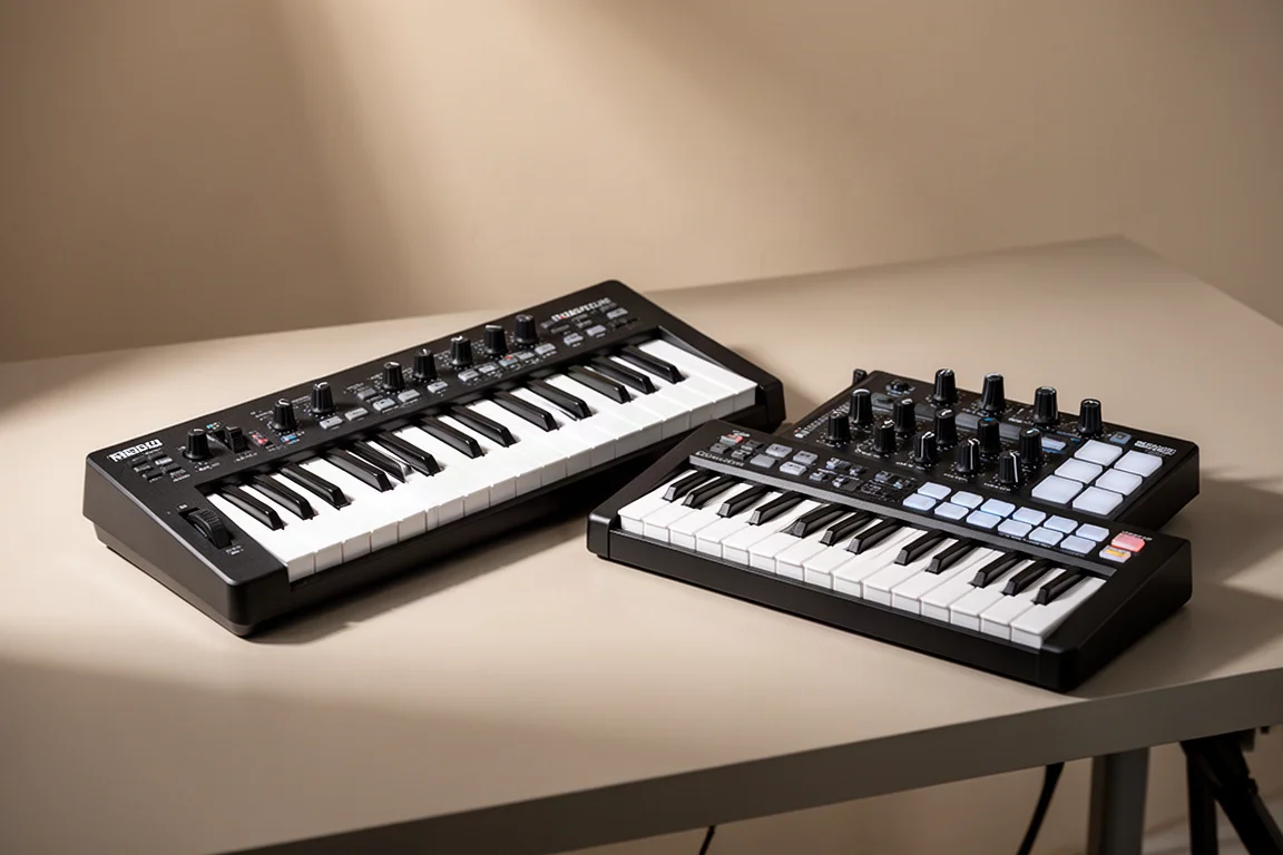 スタジオデスクに置かれた2台のコンパクトMIDIキーボードの並べた比較