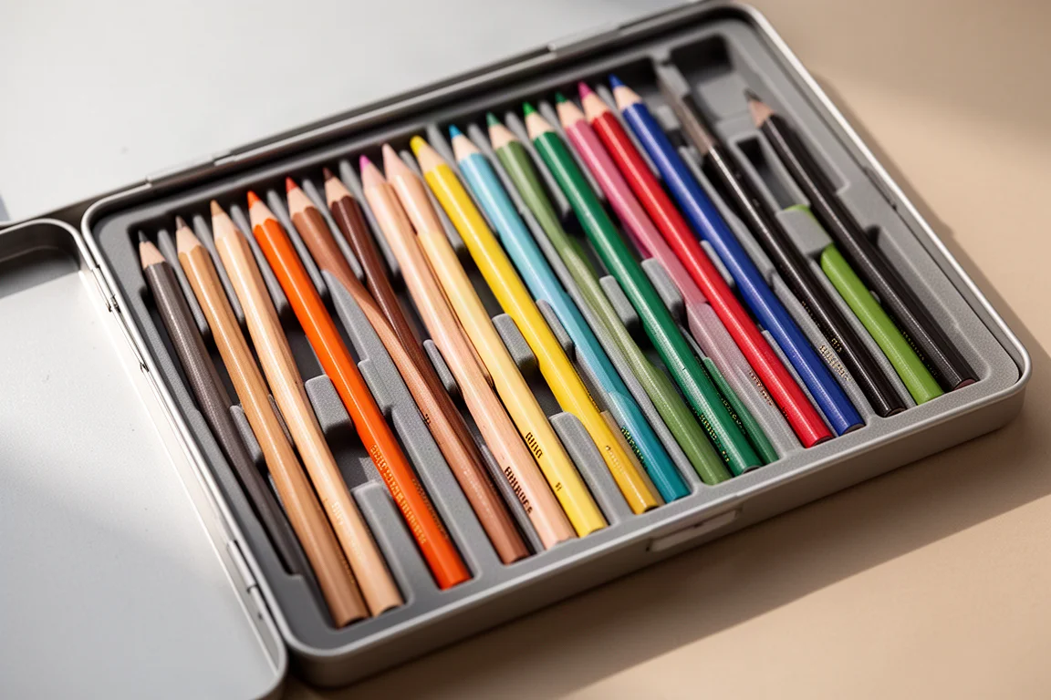 Geöffnete Buntstiftbox, in der die Stifte senkrecht in einzelnen Steckplätzen stehen