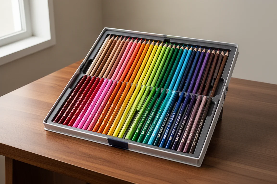 Open box of 126 colored pencils stored vertically in neat color rows