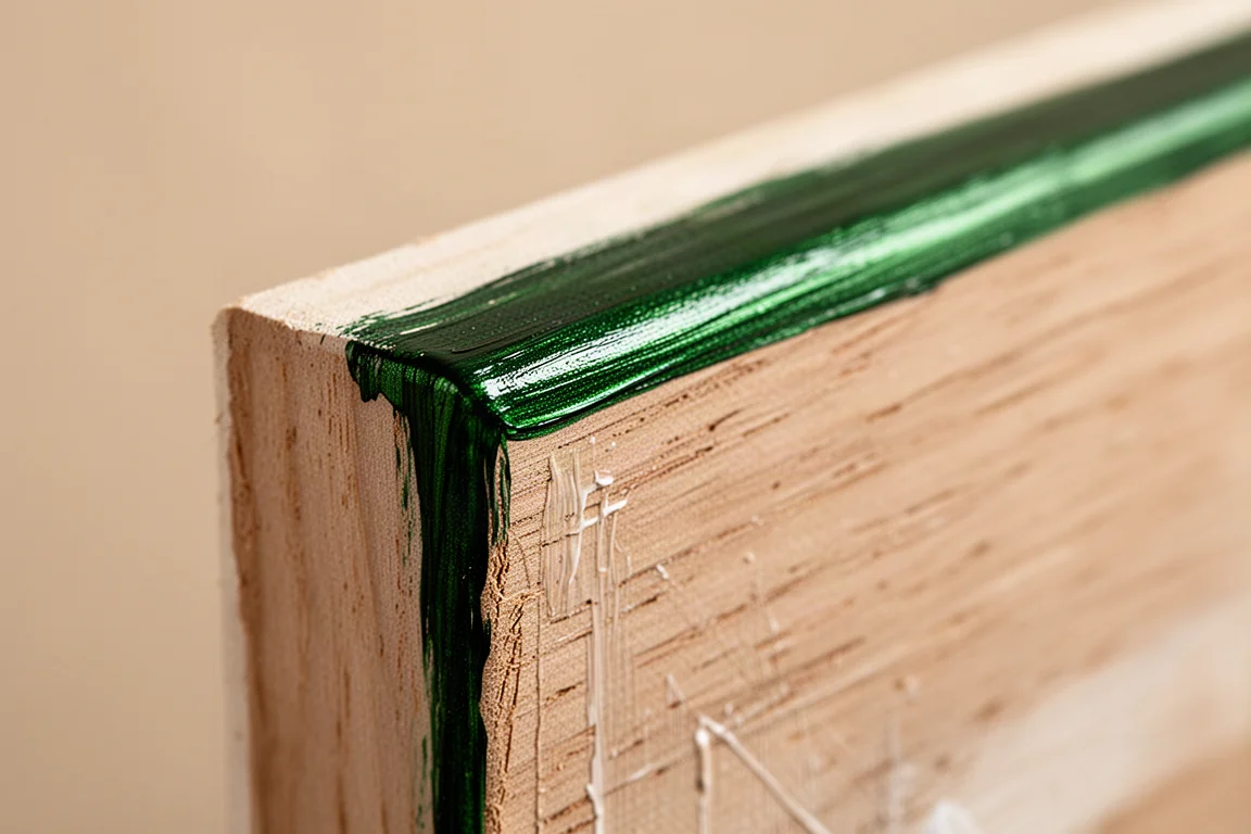木制画板上金属绿丙烯马克笔边框的特写