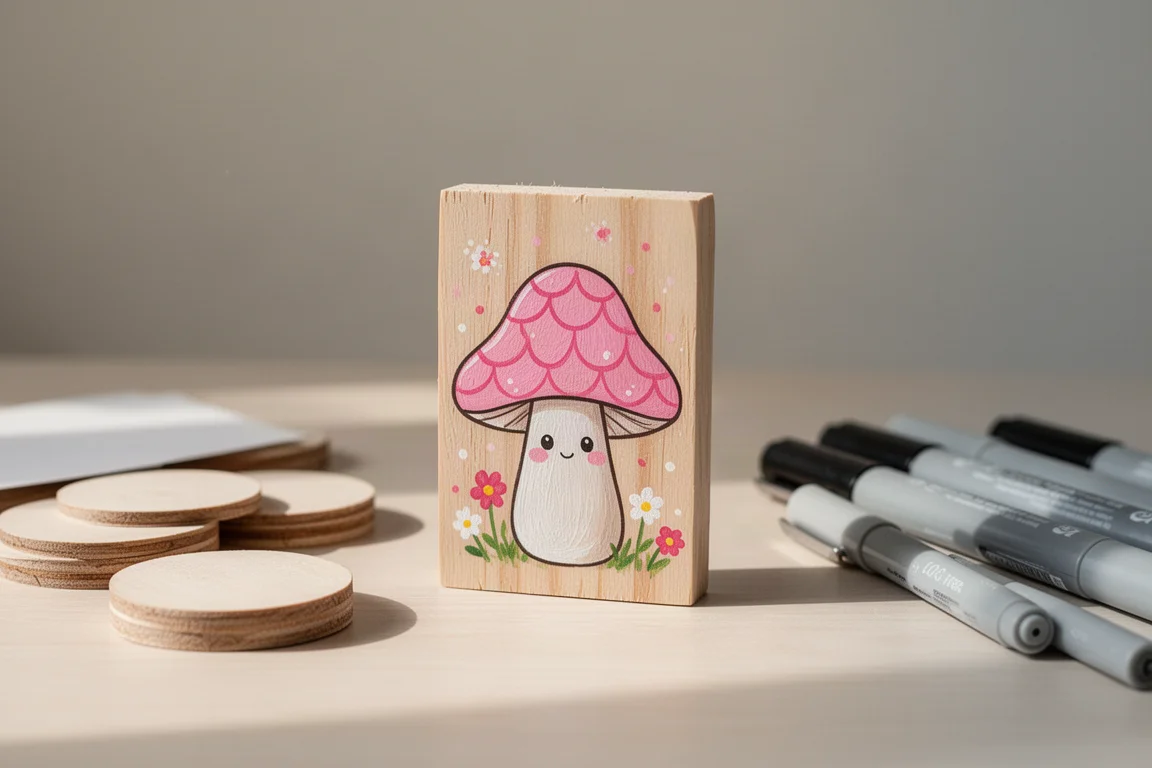 在小木块上手绘的小蘑菇角色作品