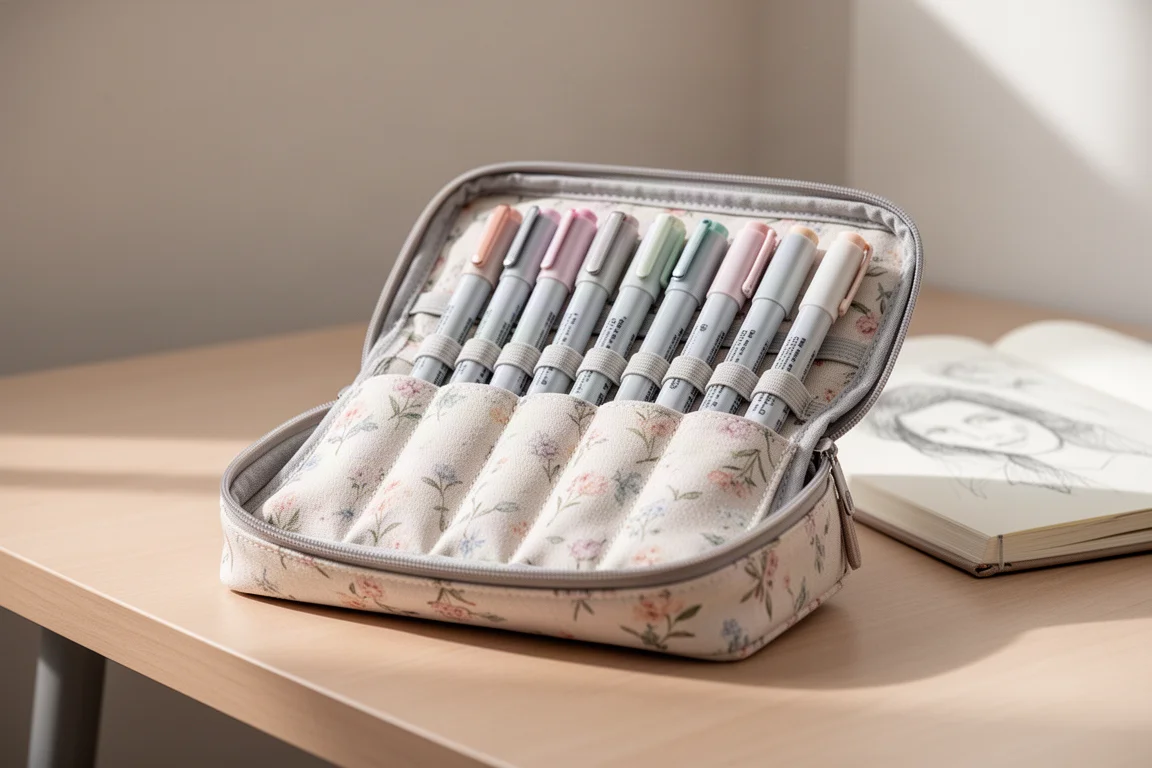 Pochette en tissu ouverte avec des feutres pastel dressés dans leurs emplacements sur un bureau