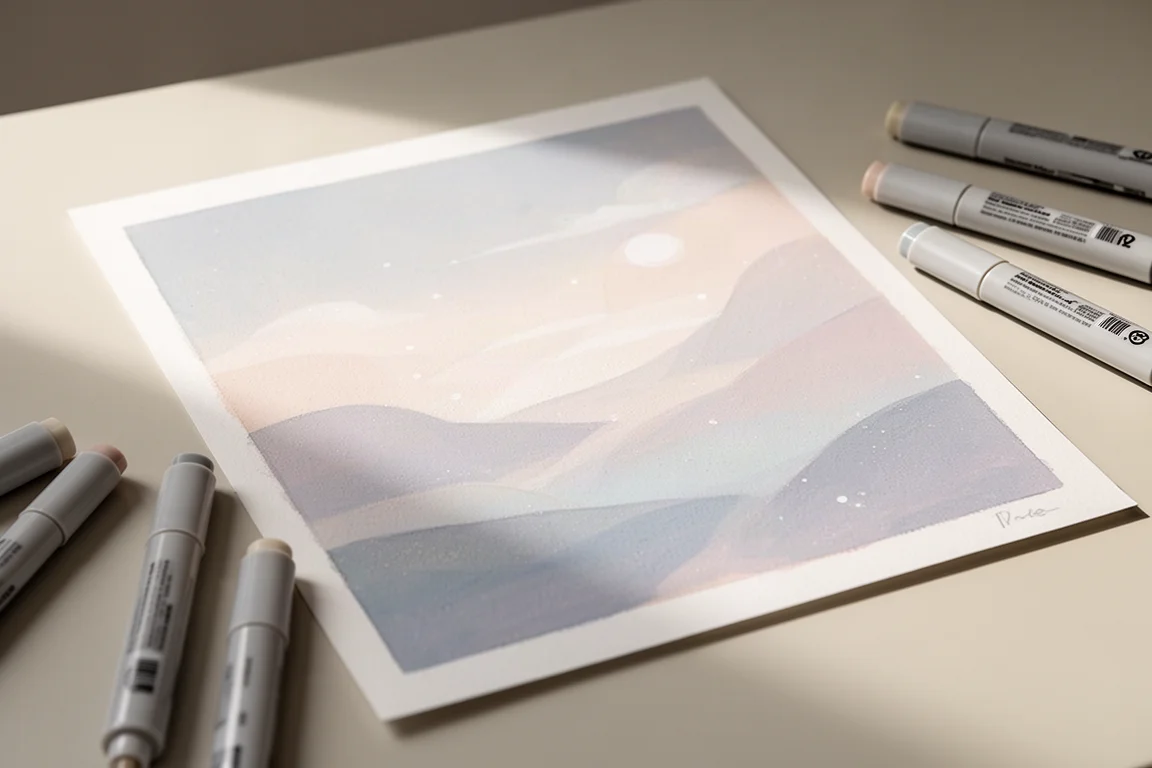 Œuvre achevée aux tons pastel posée sur un bureau à côté de feutres éparpillés