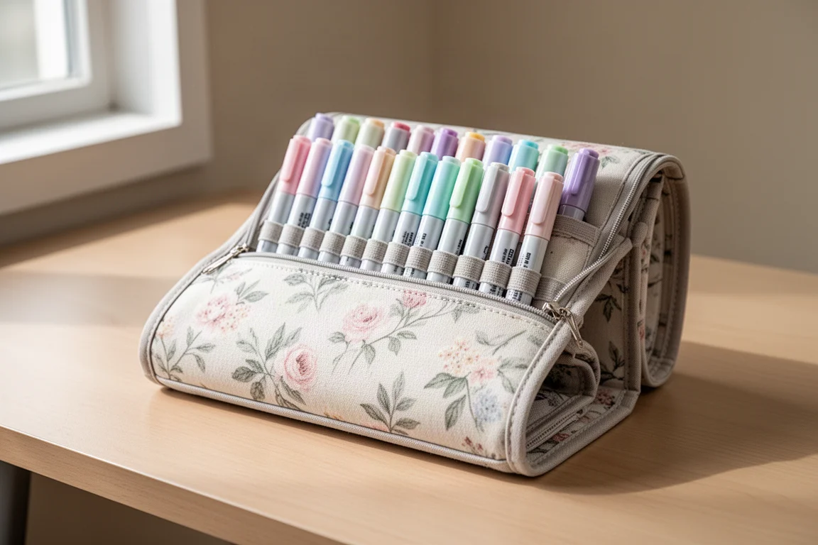 Compact fabric case holding 24 pastel-tone dual-tip art markers