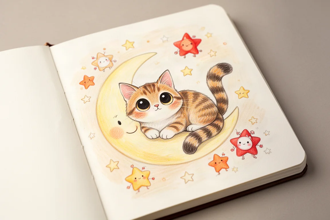 スケッチブックに描かれた、星の間で三日月の上眠るかわいいイラストの猫