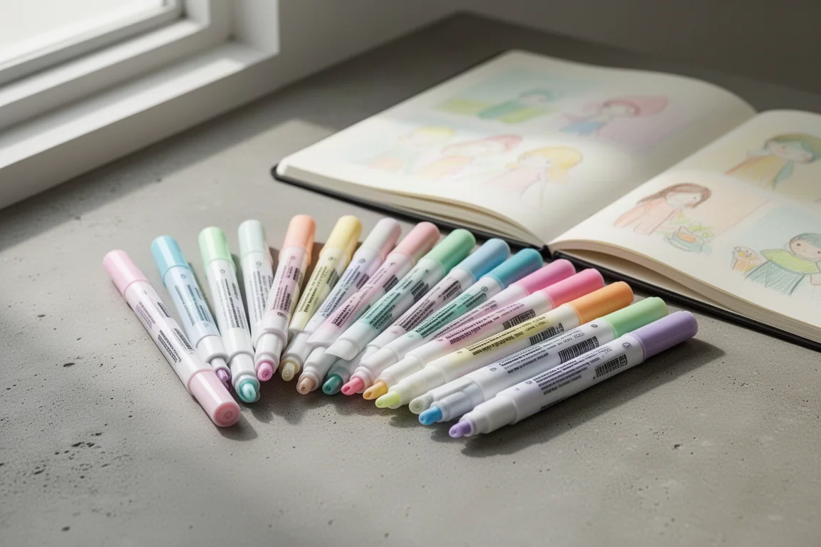 Set of 24 pastel acrylic paint markers arranged beside an open sketchbook