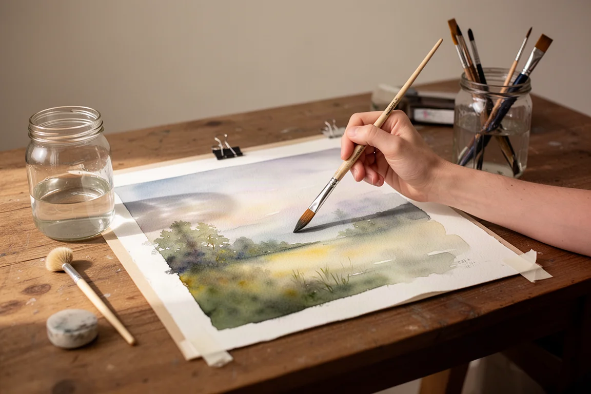 畫家在熱壓紙上創作水彩風景畫