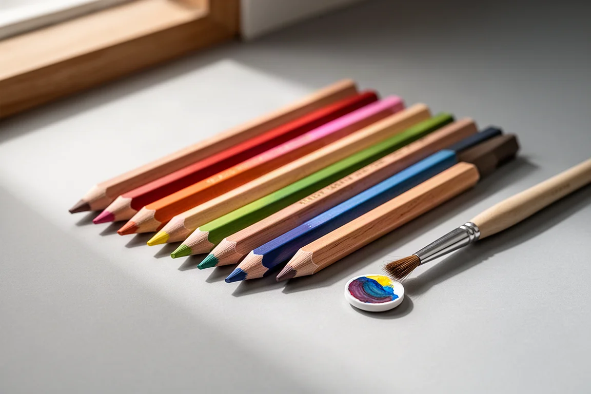 Set of watercolor pencils fanned out beside a small round paintbrush