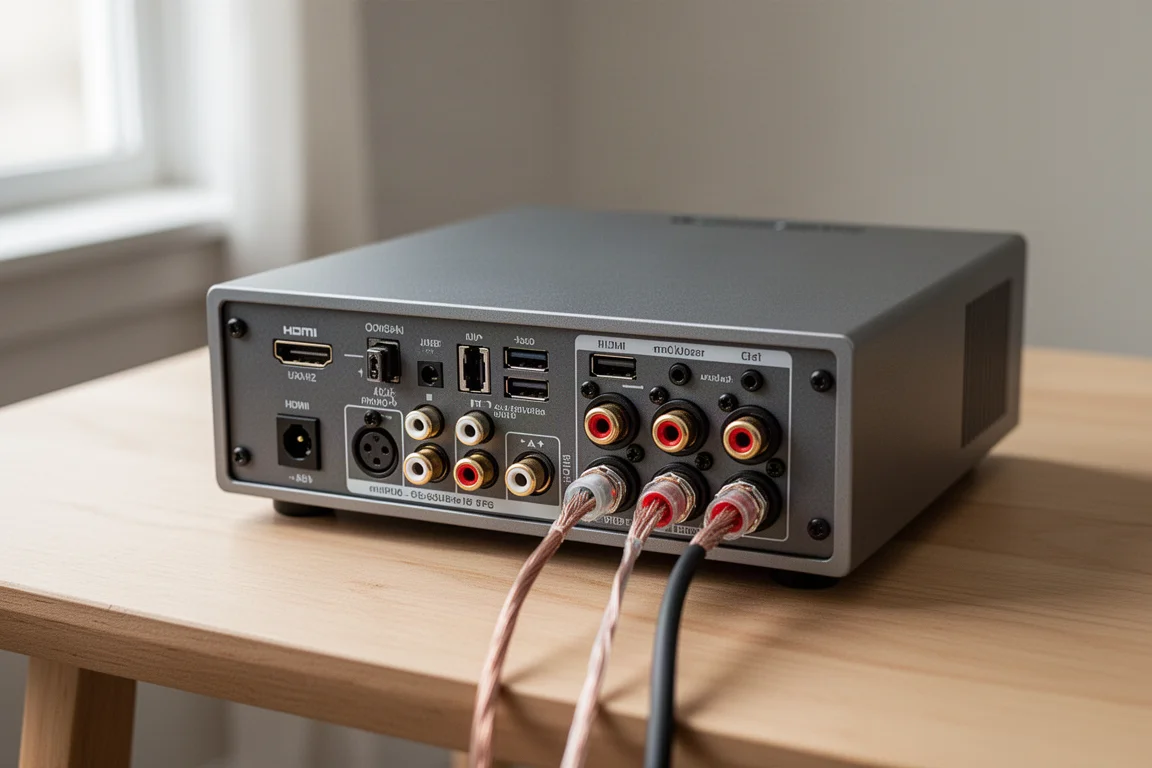 Dettaglio del pannello posteriore di un amplificatore da scrivania compatto con HDMI, ottico, USB e morsetti per diffusori