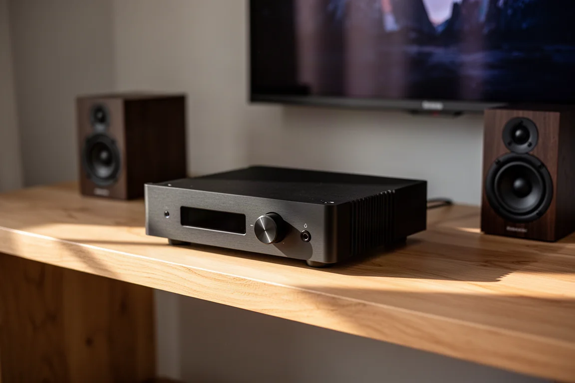 Compact black integrated amplifier on an oak shelf with two small bookshelf speakers