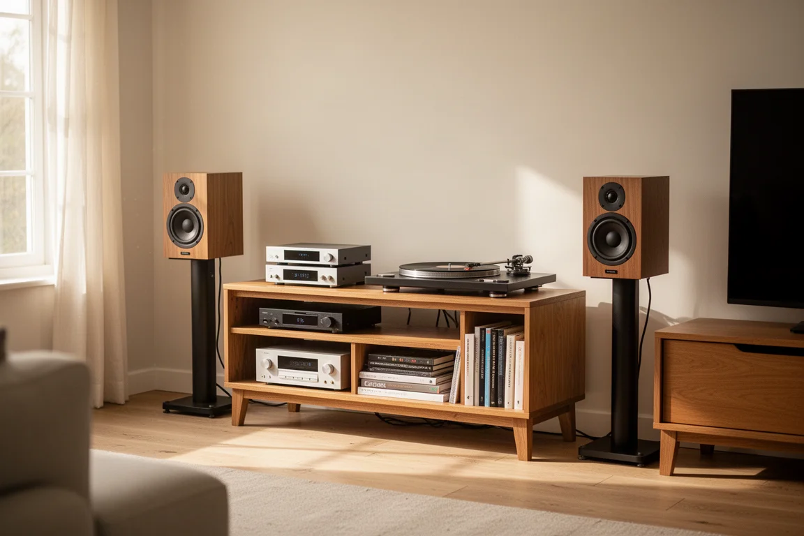 Composants hi-fi compacts sur une étagère en bois avec des enceintes bibliothèque à côté