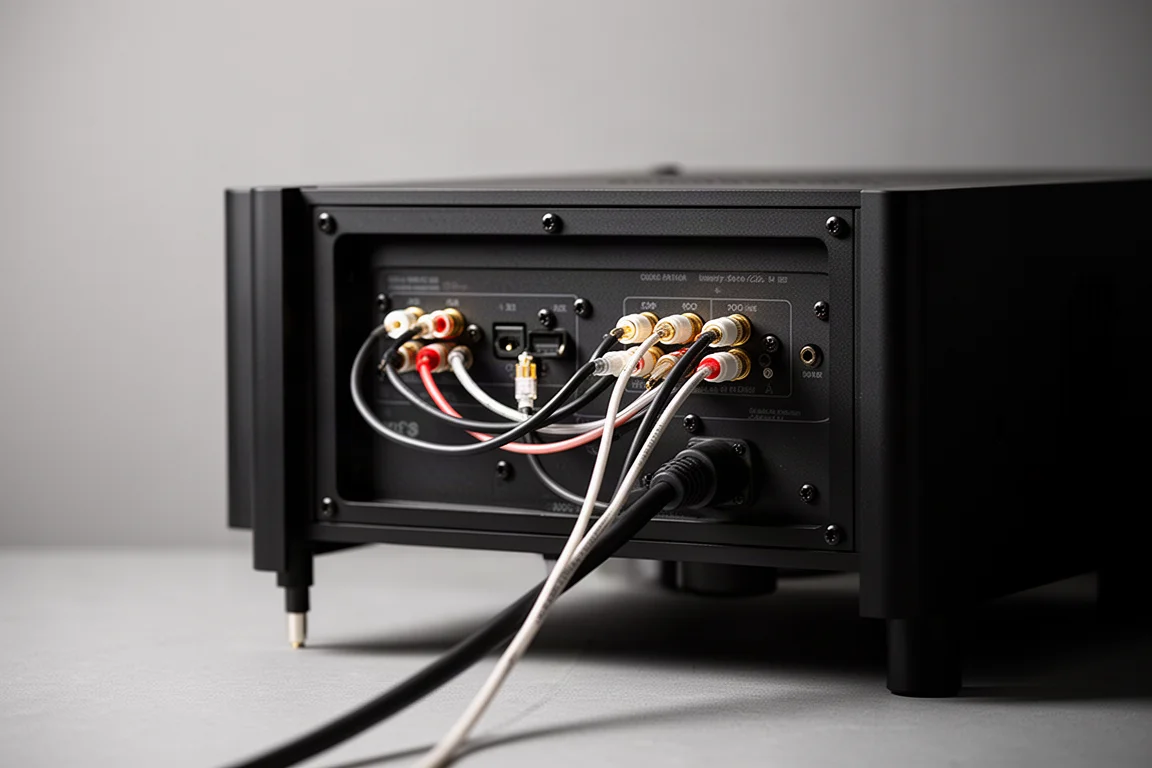 Gros plan sur des câbles RCA et optiques soigneusement acheminés derrière un petit rack audio