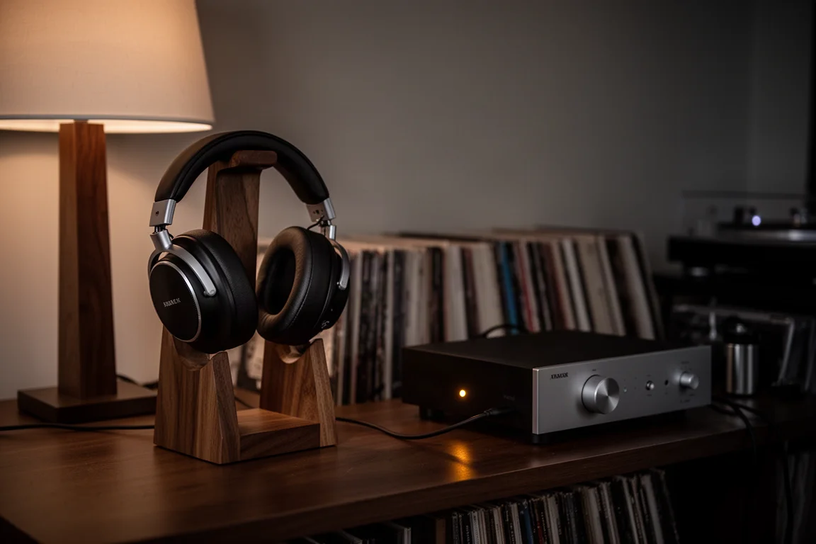 Pièce d'écoute tamisée la nuit avec un casque sur un support près d'un amplificateur faiblement éclairé