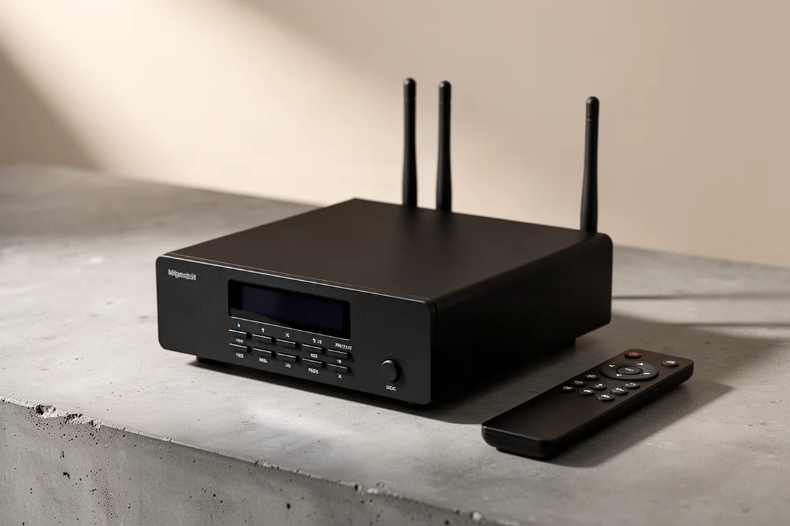 Compact matte black hi-fi preamp with two rear antennas and a remote control beside it