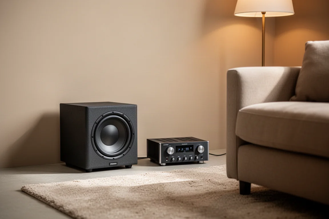 Kompaktowy subwoofer i mały wzmacniacz w kącie nowoczesnego salonu