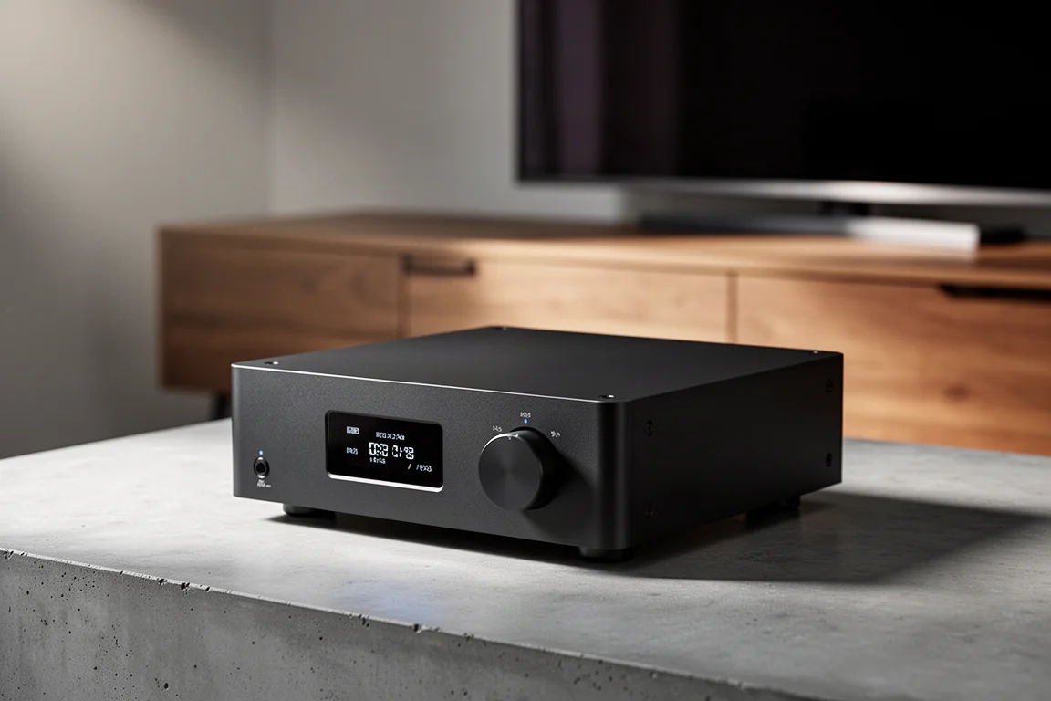 Compact black streaming amplifier with front display and volume knob on a concrete surface