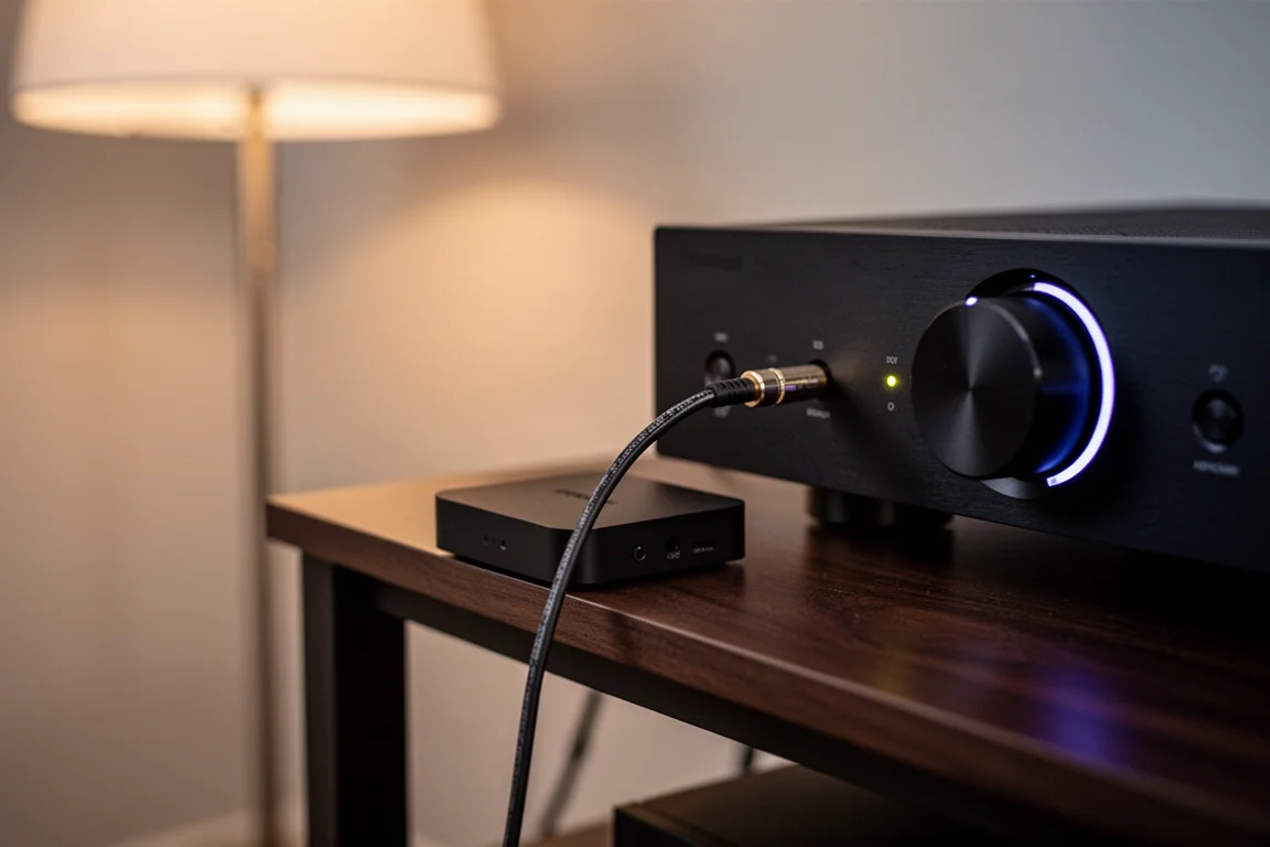 Streamer conectado a un amplificador integrado mediante un cable analógico corto con luz de tarde