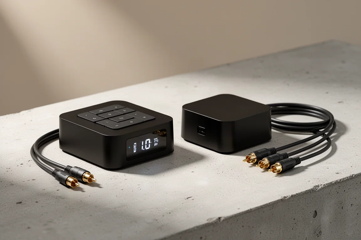 Two compact black network streamers side by side on a light concrete surface