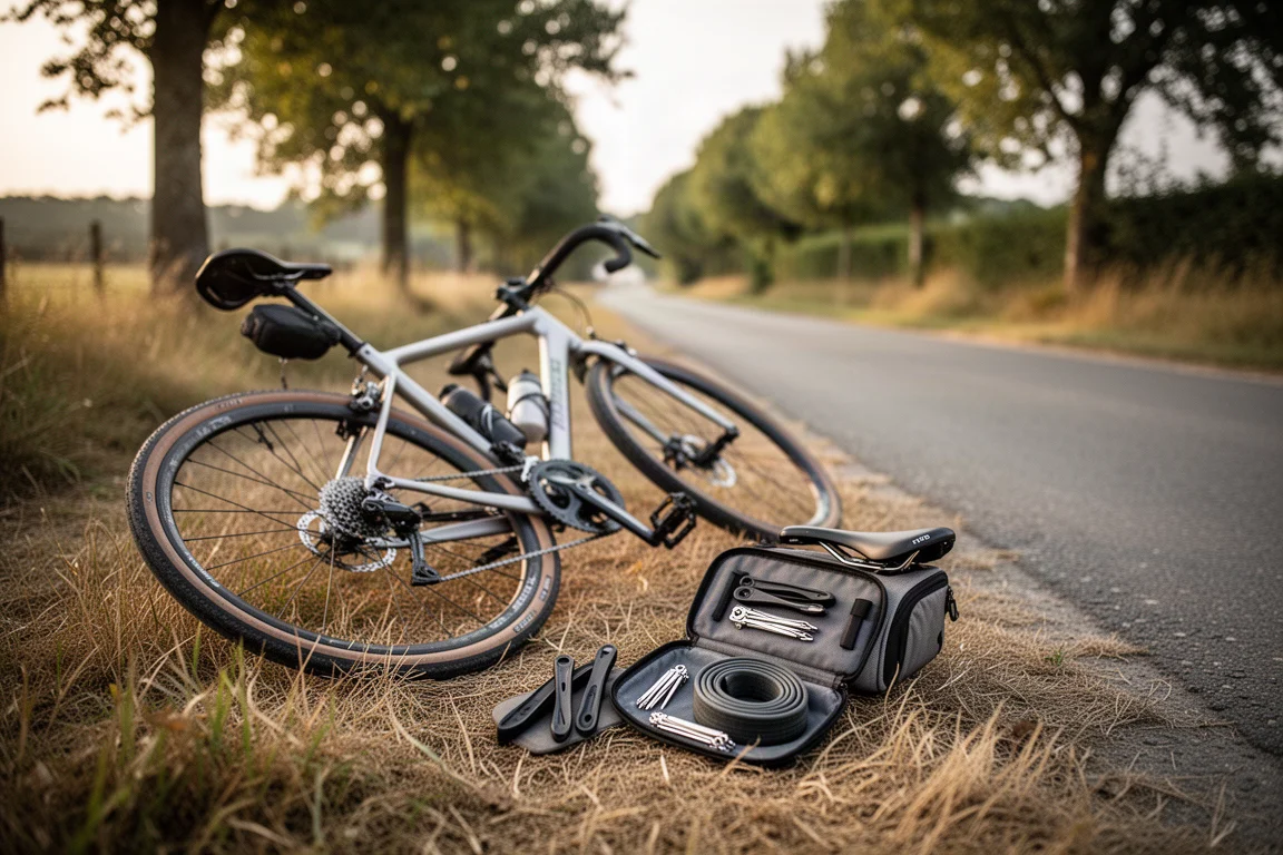 Bicicleta de gravel sobre la hierba al borde de la carretera junto a una bolsa de sillín abierta y herramientas
