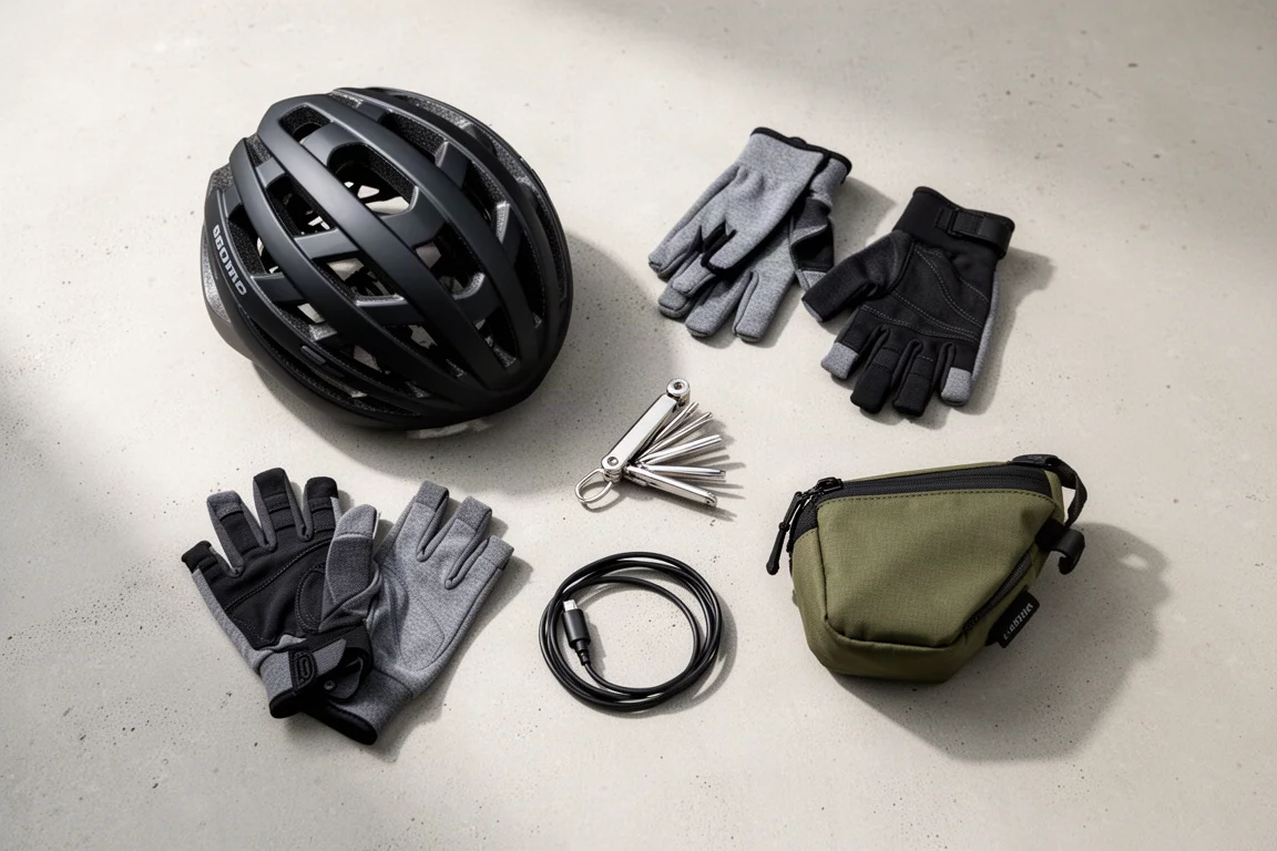 Vista cenital de un kit de ciclismo, herramientas y un cable de carga sobre hormigón
