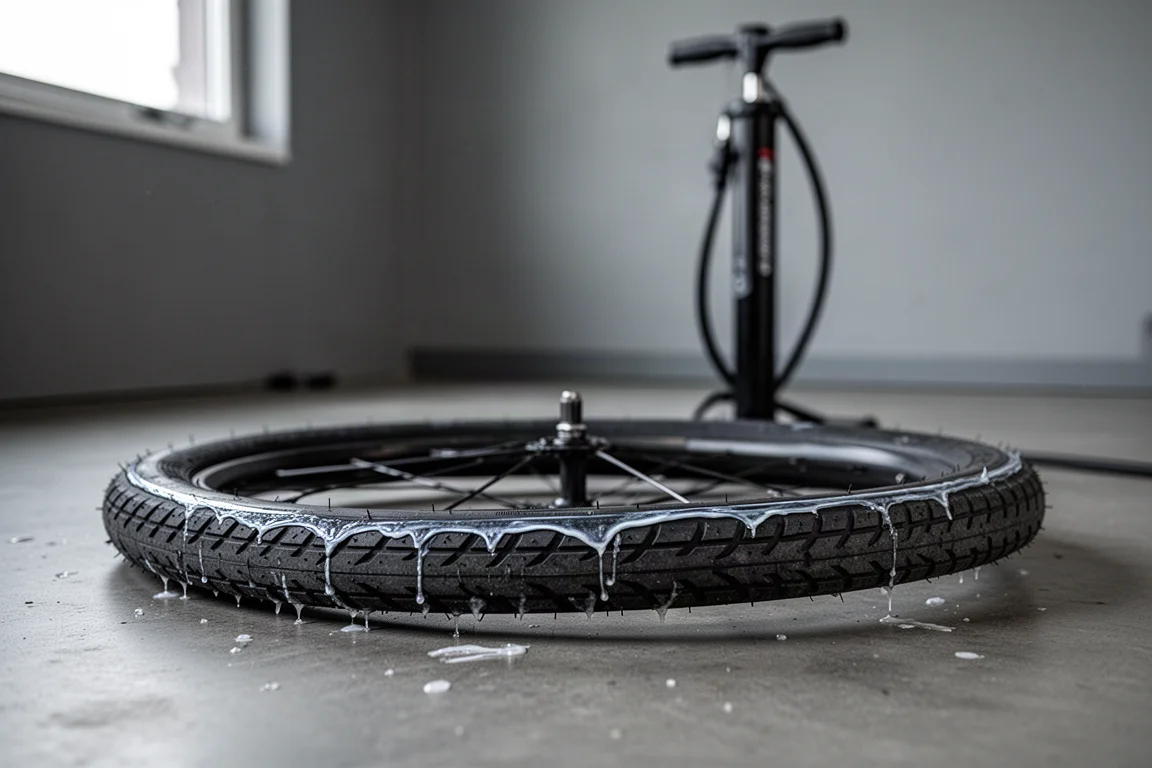 Neumático tubeless sin asentar en una llanta de taller con el sellante a la vista