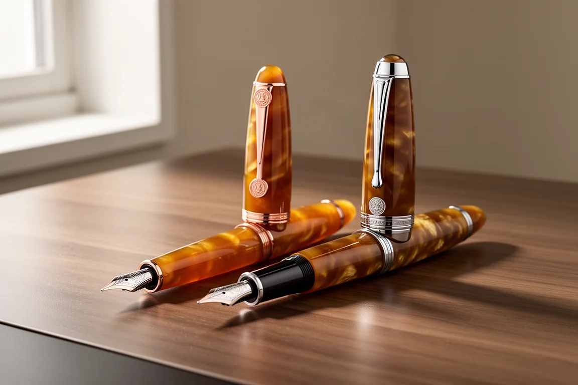 Two Armando Simoni Club Bologna fountain pens side by side on a wooden desk