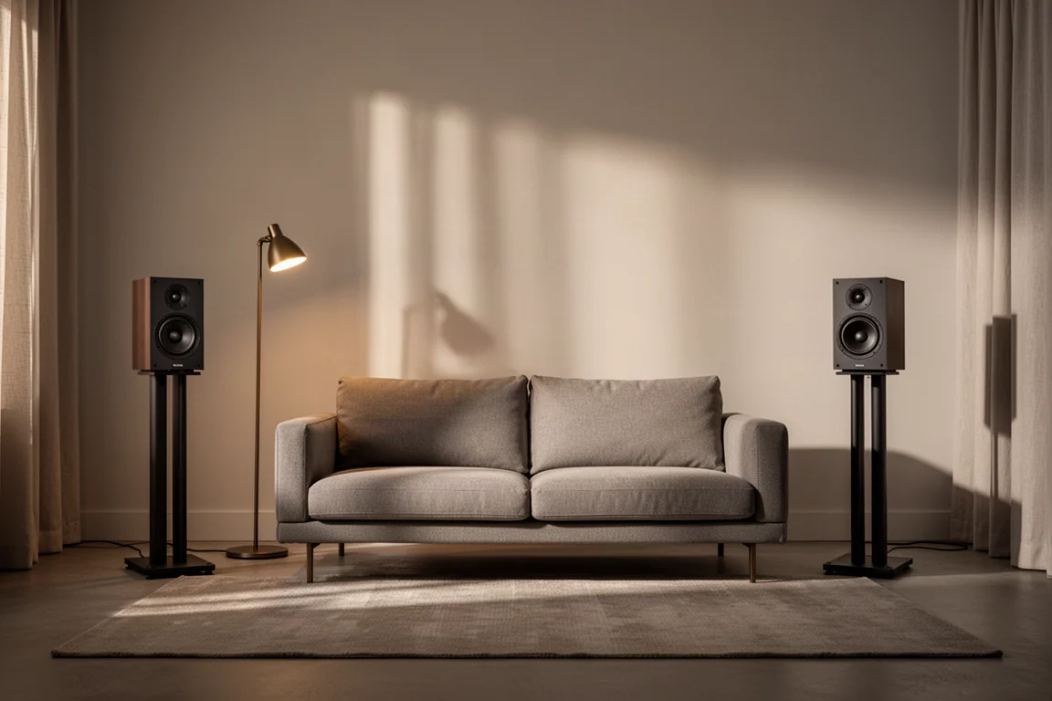 Par de altavoces de estantería compactos y oscuros sobre soportes en una sala de escucha con iluminación tenue