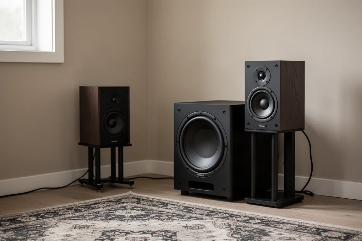 Subwoofer negro compacto en un rincón del salón junto a un pequeño altavoz de estantería sobre un soporte