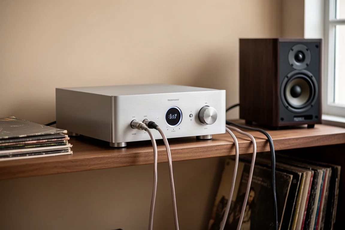 Amplificador integrado compacto en una balda de madera con cable de altavoz hacia un altavoz de estantería