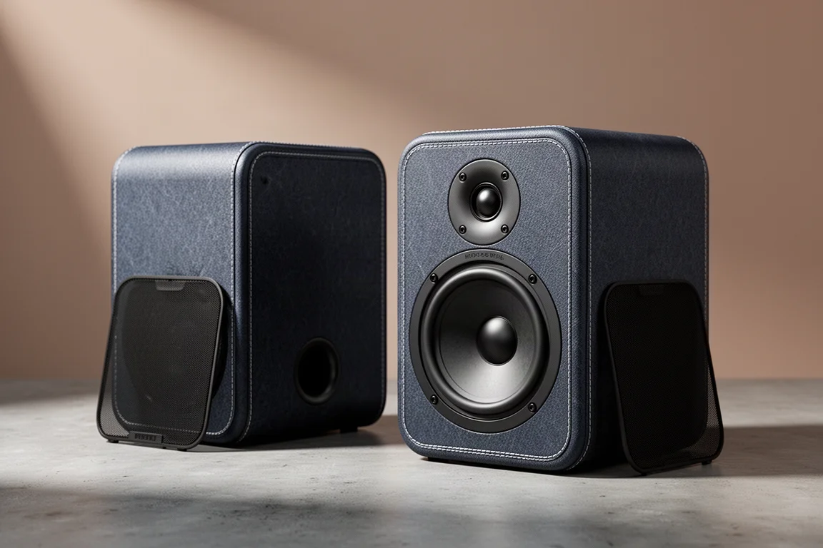 Pair of compact dark bookshelf speakers with grilles removed on a neutral grey backdrop