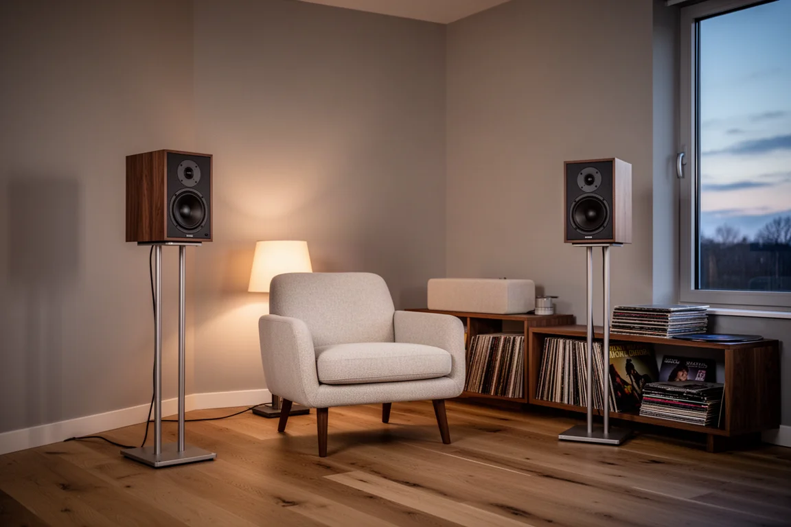 Listening room at dusk with two bookshelf speakers on stands and warm lamp light
