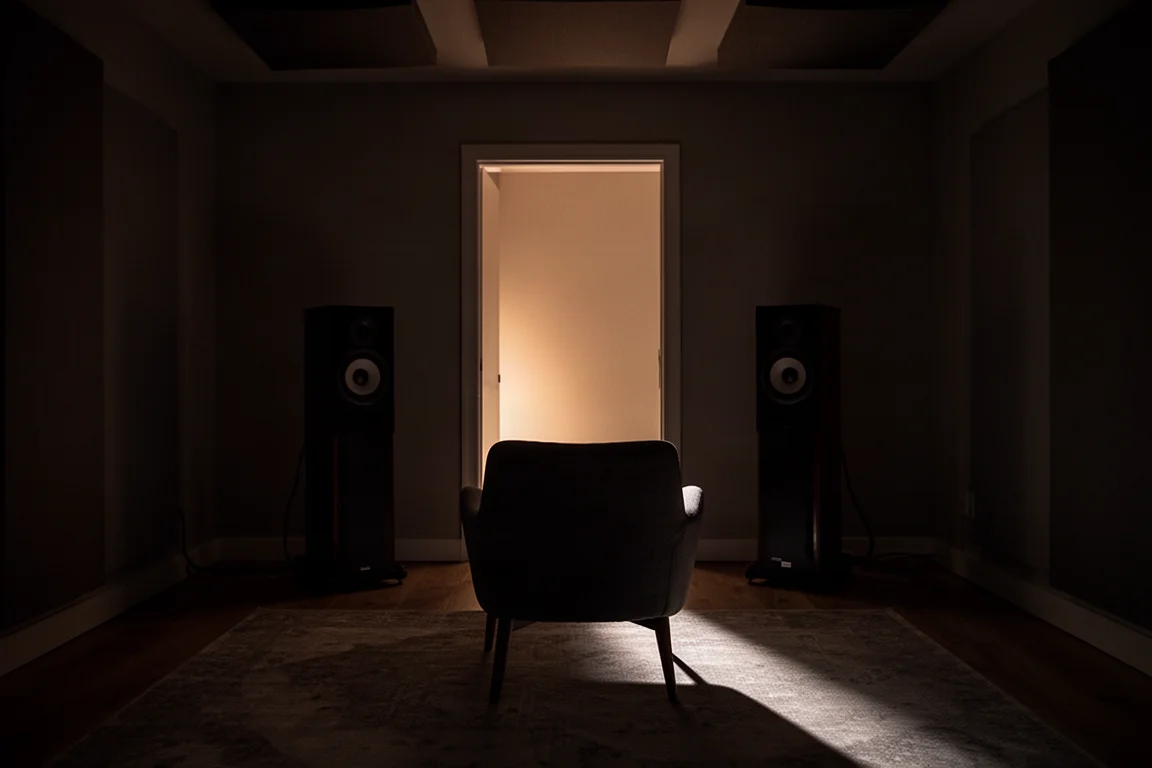 Darkened listening room with two silhouetted speakers facing an armchair