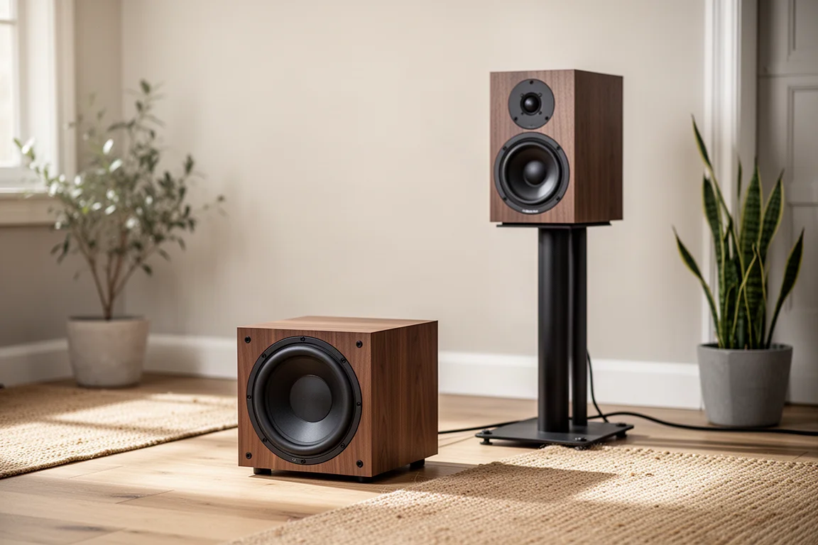 Compact subwoofer beside a stand-mounted bookshelf speaker on a wooden floor
