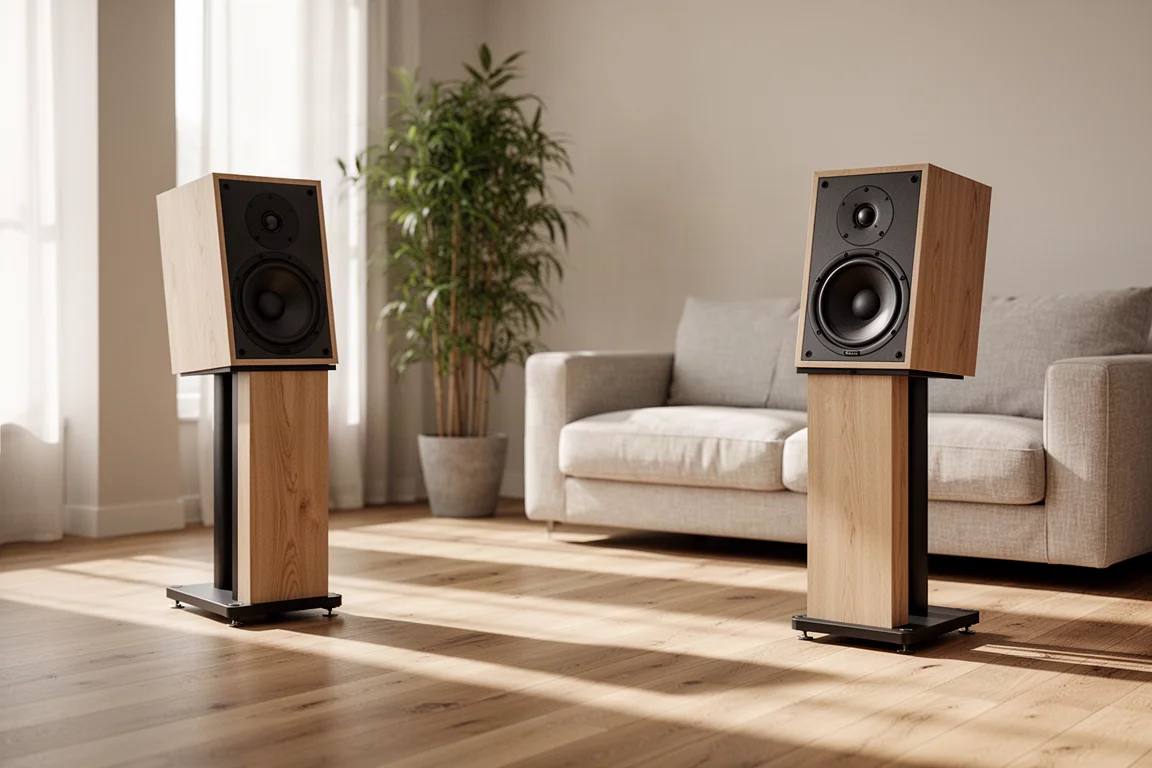 Two bookshelf speakers angled inward on stands in a bright living room