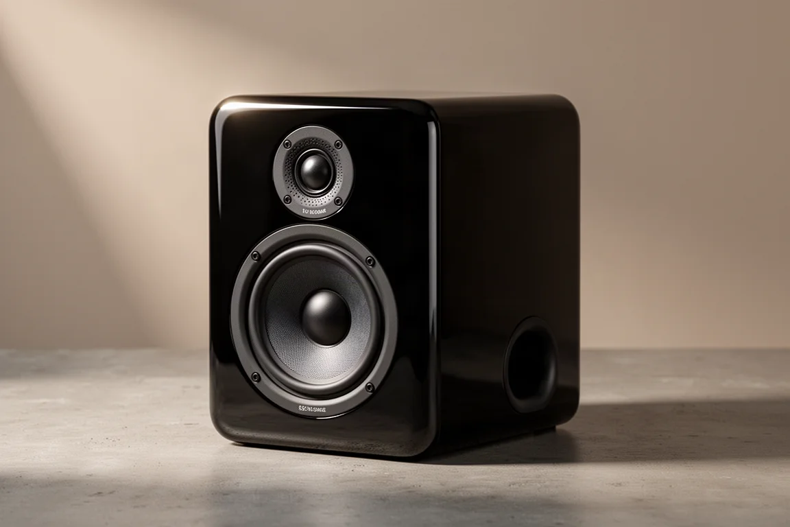 Piano black gloss bookshelf speaker with dome tweeter and midwoofer on a concrete surface