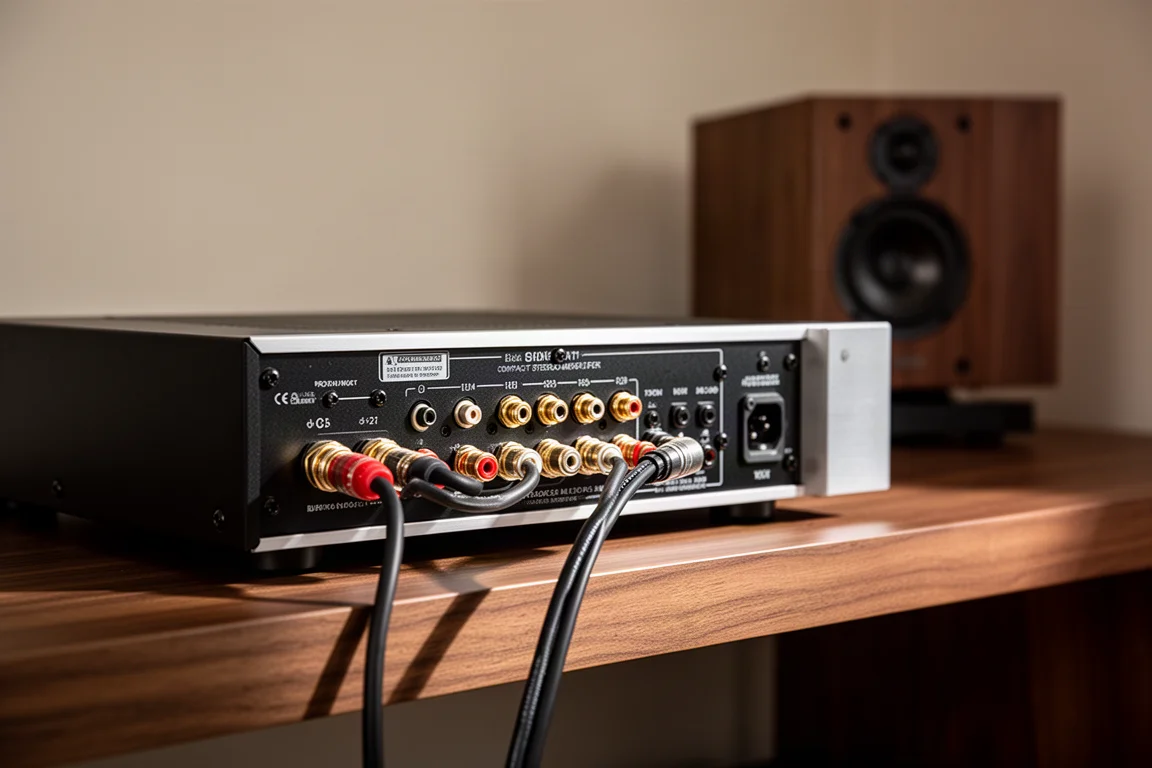 Stereo-Verstärker-Anschlussterminals und Lautsprecherkabel in einem kompakten Hi-Fi-Setup