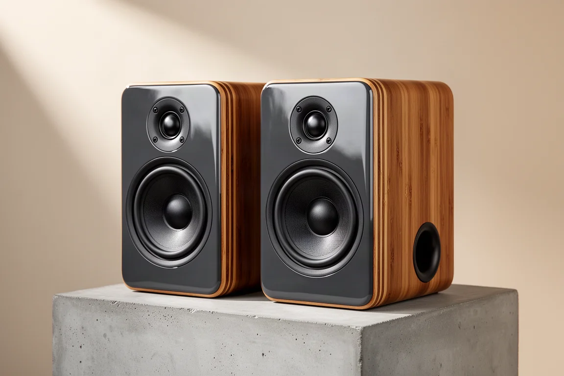 Ascend Acoustics Sierra LX bookshelf speakers with bamboo laminate cabinets on a concrete surface