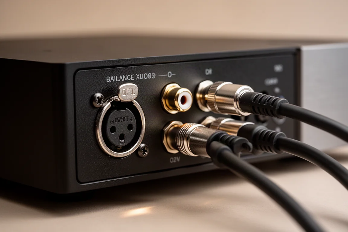 オーディオ機器の背面パネルに接続されたバランス XLR と RCA ケーブルコネクターのクローズアップ