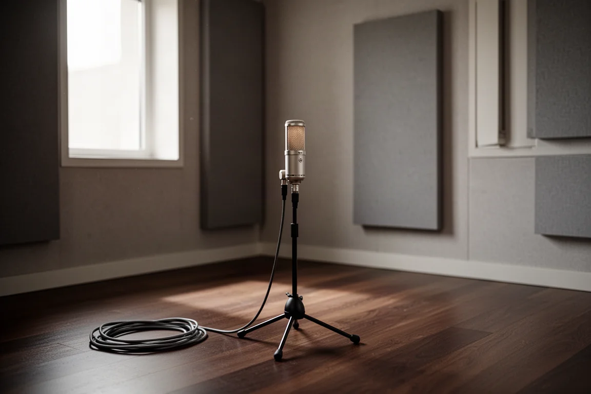 音響処理されたリスニングルームで三脚に載せた測定用マイクと床に巻かれたケーブル