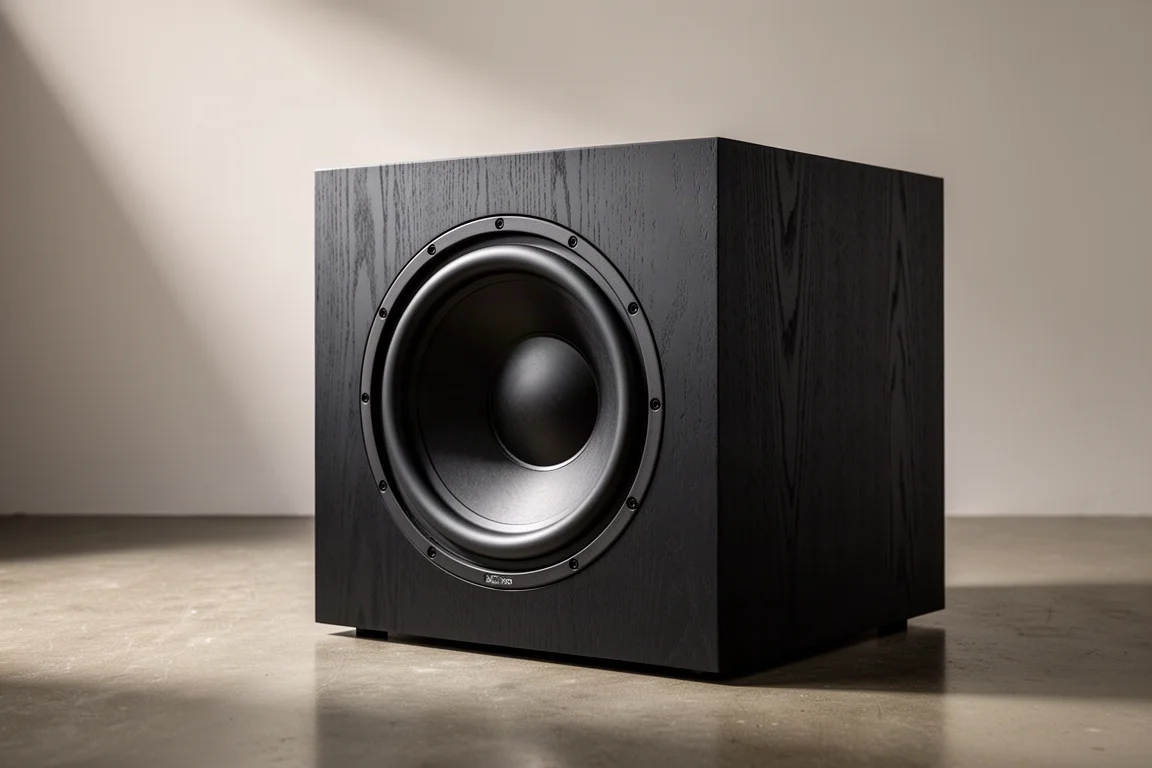 Large matte black sealed subwoofer cabinet with a 16-inch front driver on a polished concrete floor