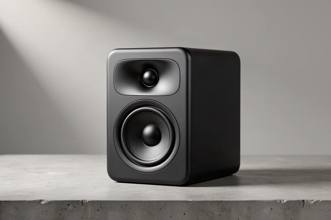 Compact passive bookshelf speaker at a three-quarter angle on a concrete surface