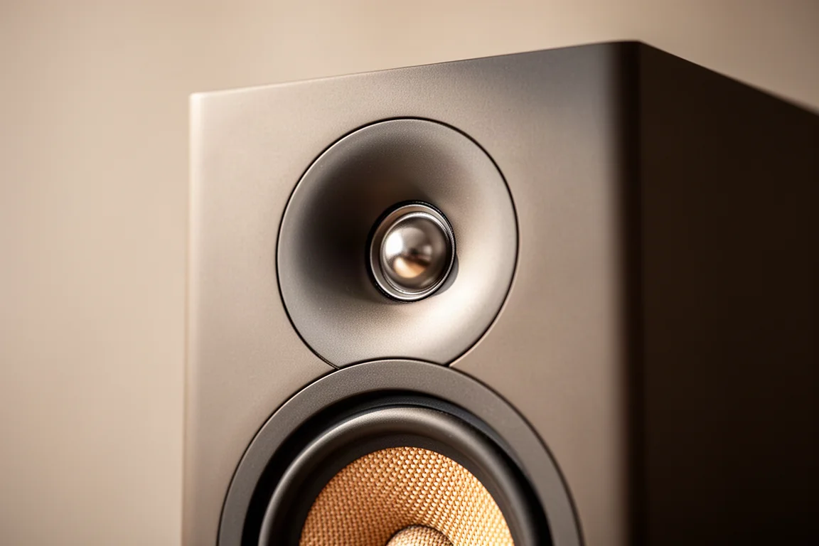 Close-up of a speaker front baffle with a waveguide tweeter and fiber woofer