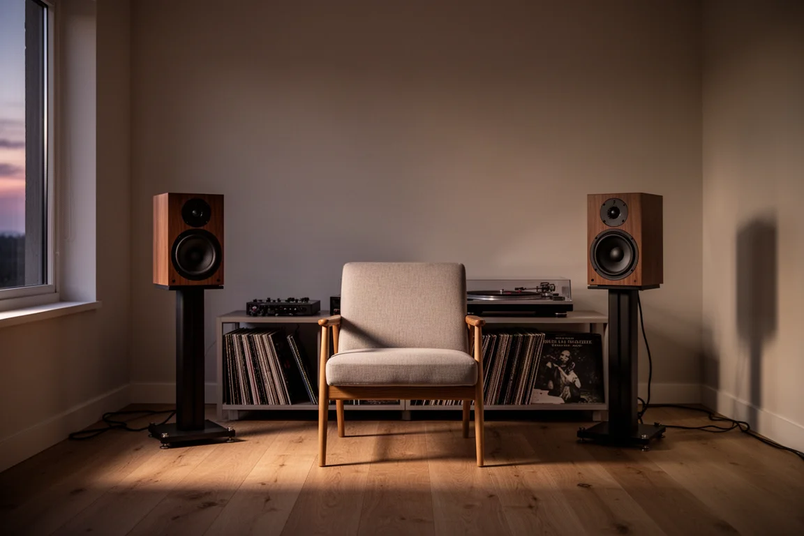 Small listening room at dusk with two standmount speakers and a record shelf