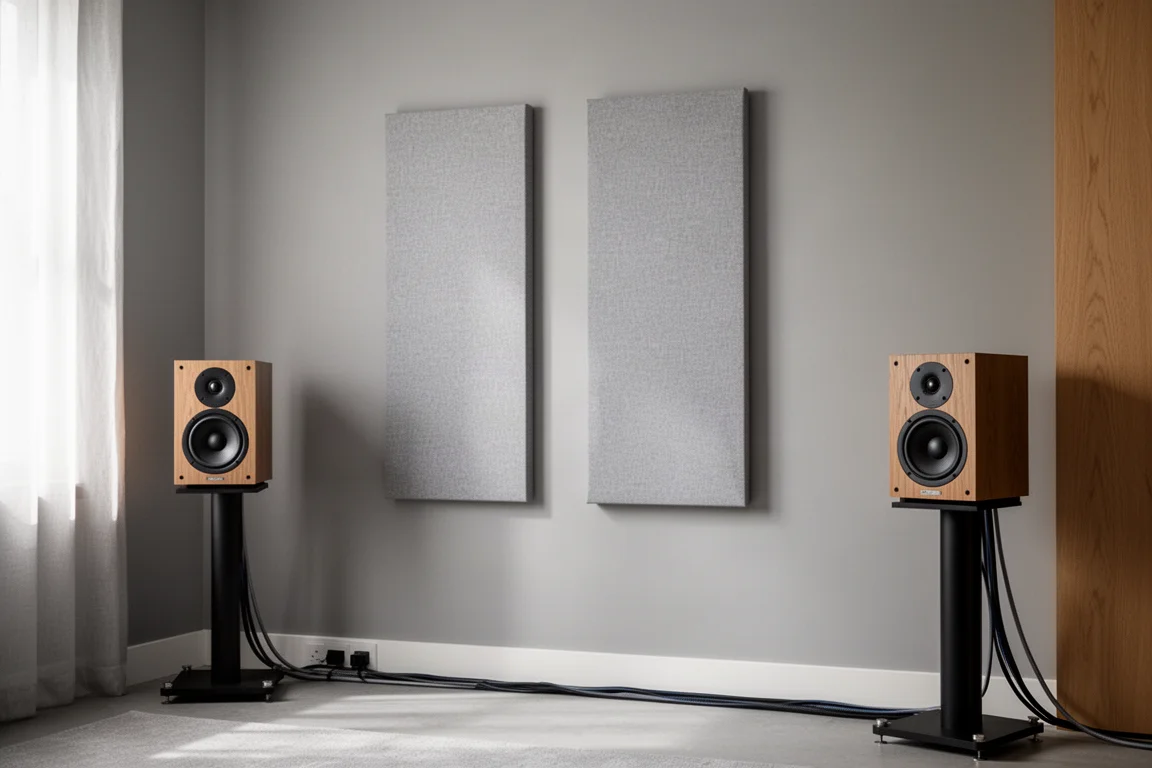 Side wall of a listening room with acoustic panels and a speaker on a stand