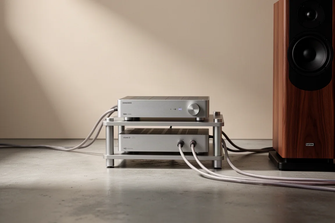 Compact hi-fi rack with a slim amplifier and speaker cables in a quiet room