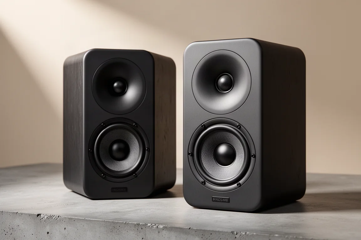 Two compact matte dark standmount speakers with waveguide tweeters on a concrete surface