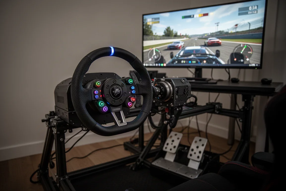 Sim-Racing-Cockpit mit Direct-Drive-Wheelbase, Rundlenkrad und Pedalen in einem dunklen Raum