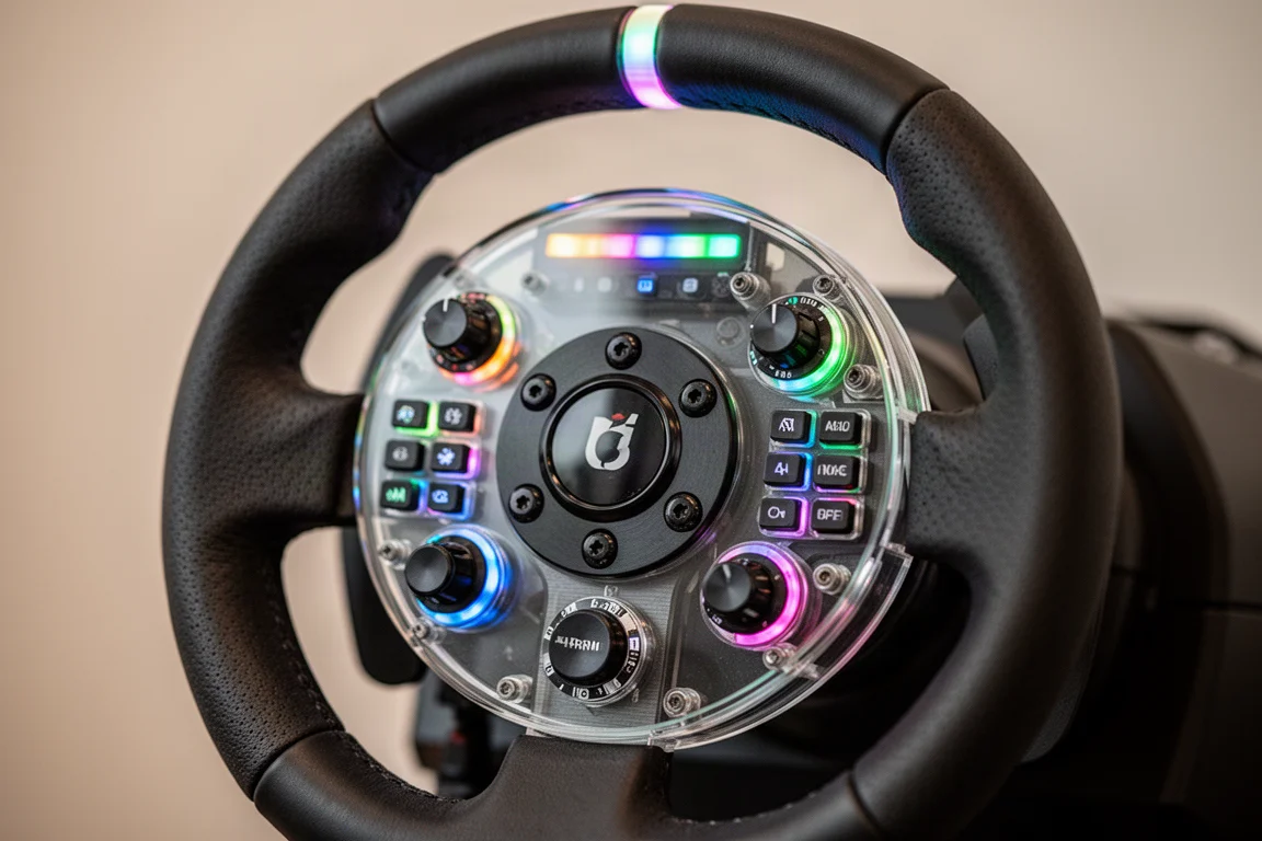 Nahaufnahme eines Sim-Racing-Lenkrads mit RGB-Tasten und Drehreglern