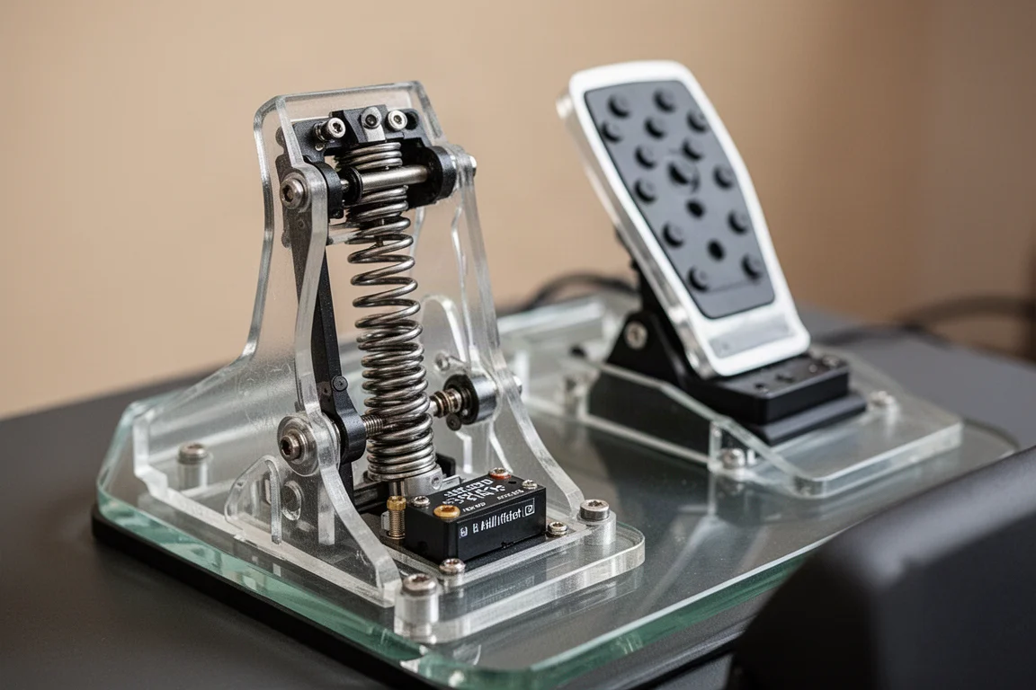 Sim-Racing-Pedale mit sichtbarem Federpaket und Hall-Sensor-Modul